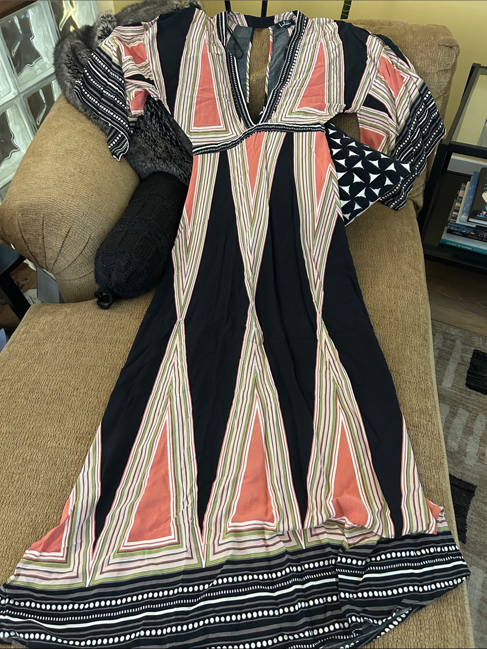 Lulu's Black and Coral Geometric Maxi Dress